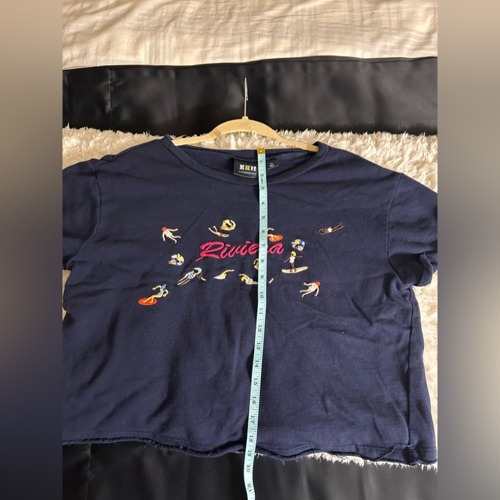 Maeve Anthropologie Shirt Medium Petite Blue Embroidered Crop Top Riviera